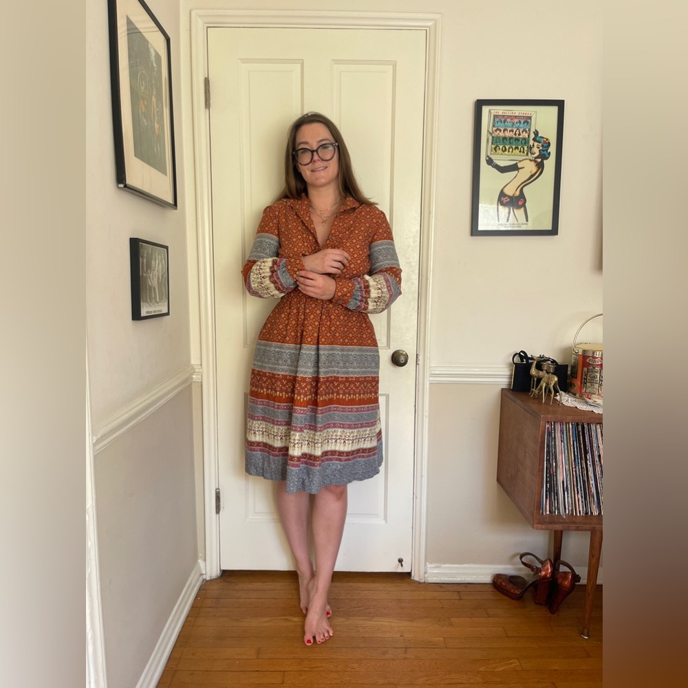 70s Vintage Long Sleeve Printed Cotton Prairie Style Dress